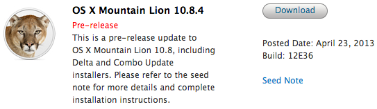 Apple nâng cấp bản beta thứ 4 của OS X Mountain Lion 10.8.4