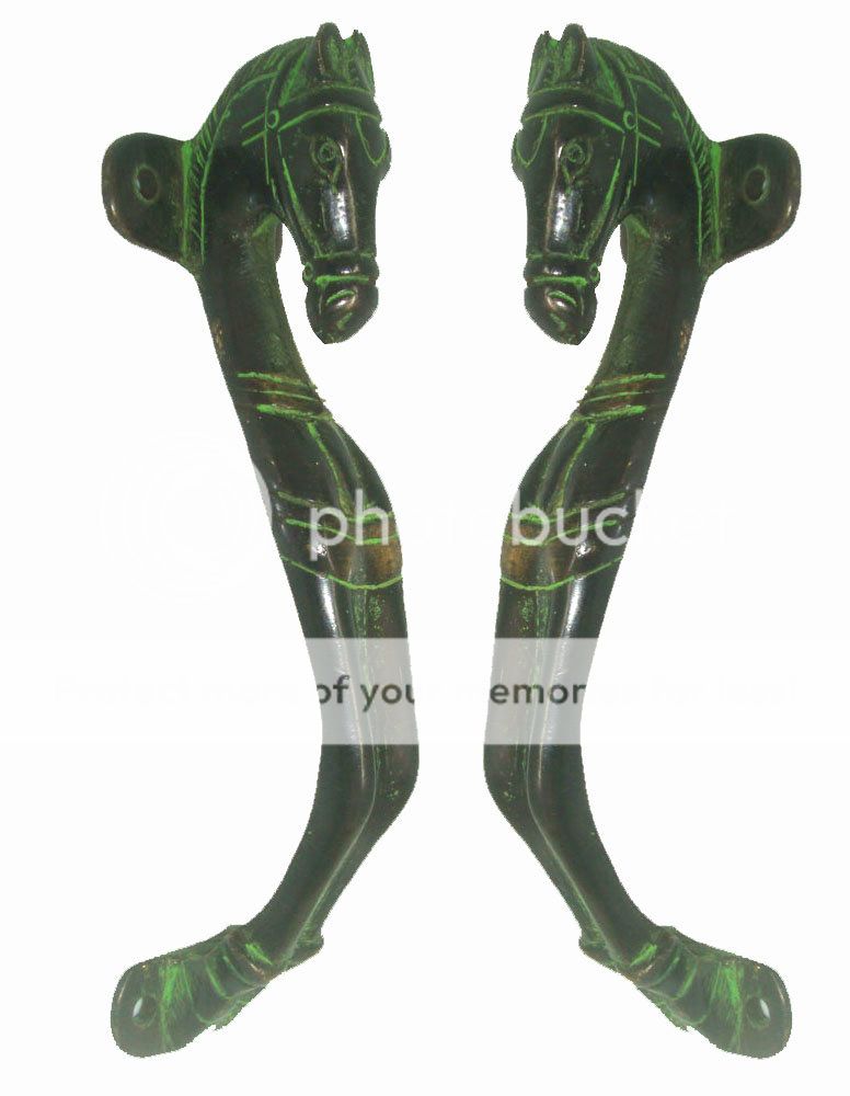 Pair of Green Antquated Brass Brass Horse Door Handles Large 6 5 Size 