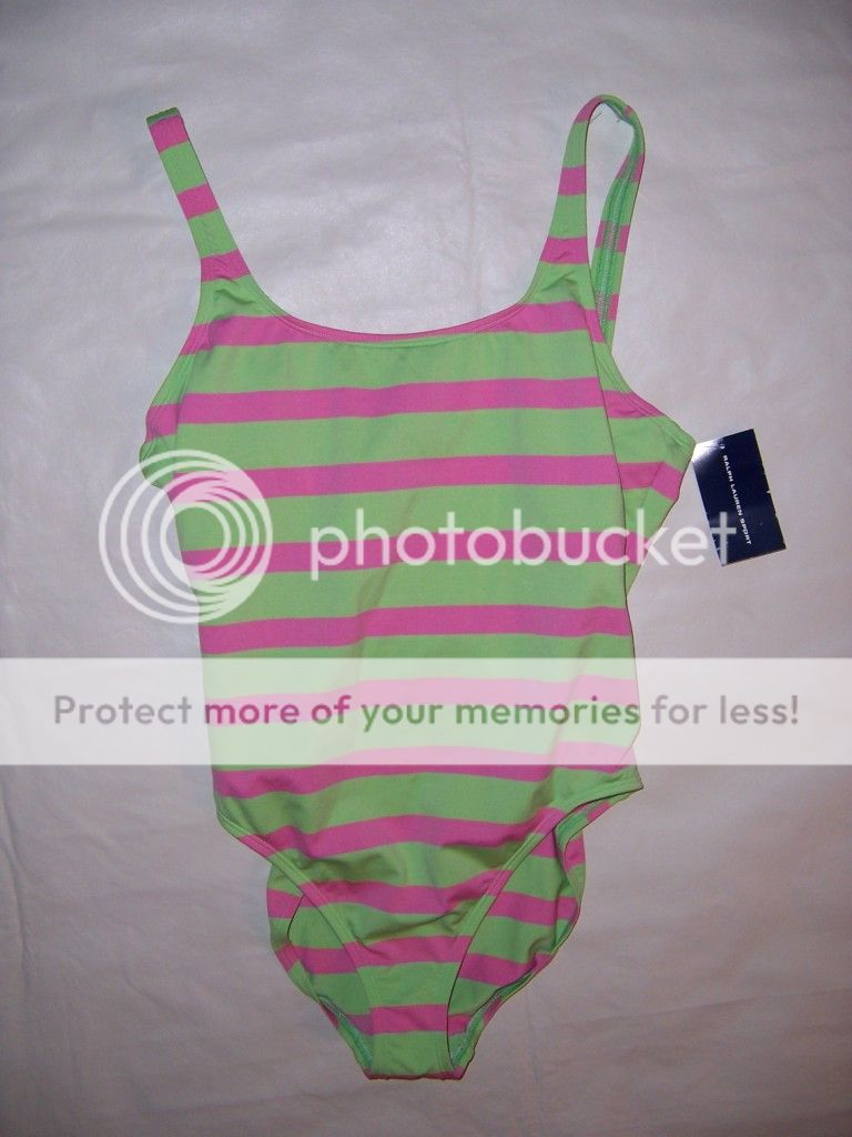 Ralph Lauren Sport Swimsuit Bathing Suit Costume Pink Green Striped Logo 1 PC 14