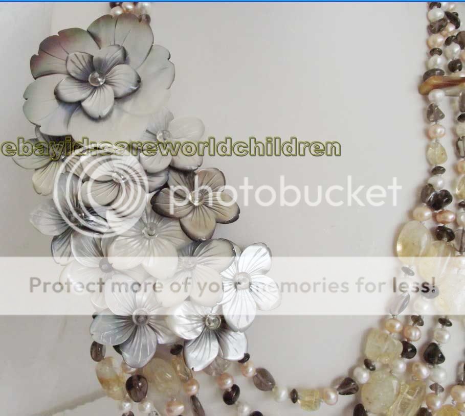 JL Citrine Smoke Crystal Pearl Shell Flower Necklace  