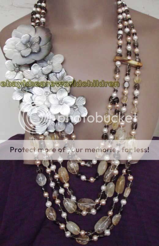 JL Citrine Smoke Crystal Pearl Shell Flower Necklace  