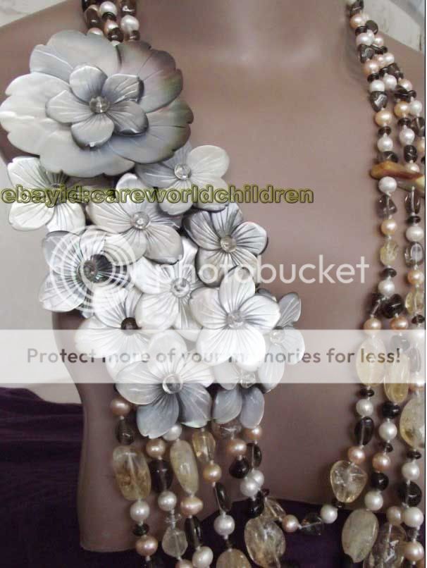 JL Citrine Smoke Crystal Pearl Shell Flower Necklace  